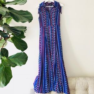 *NWOT blue print maxi dress w/ button down front